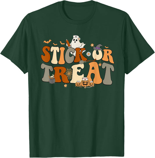 Retro Ghost Stick or Treat Halloween Nurse Spooky Nurse T-Shirt - T-Shirt | Forest