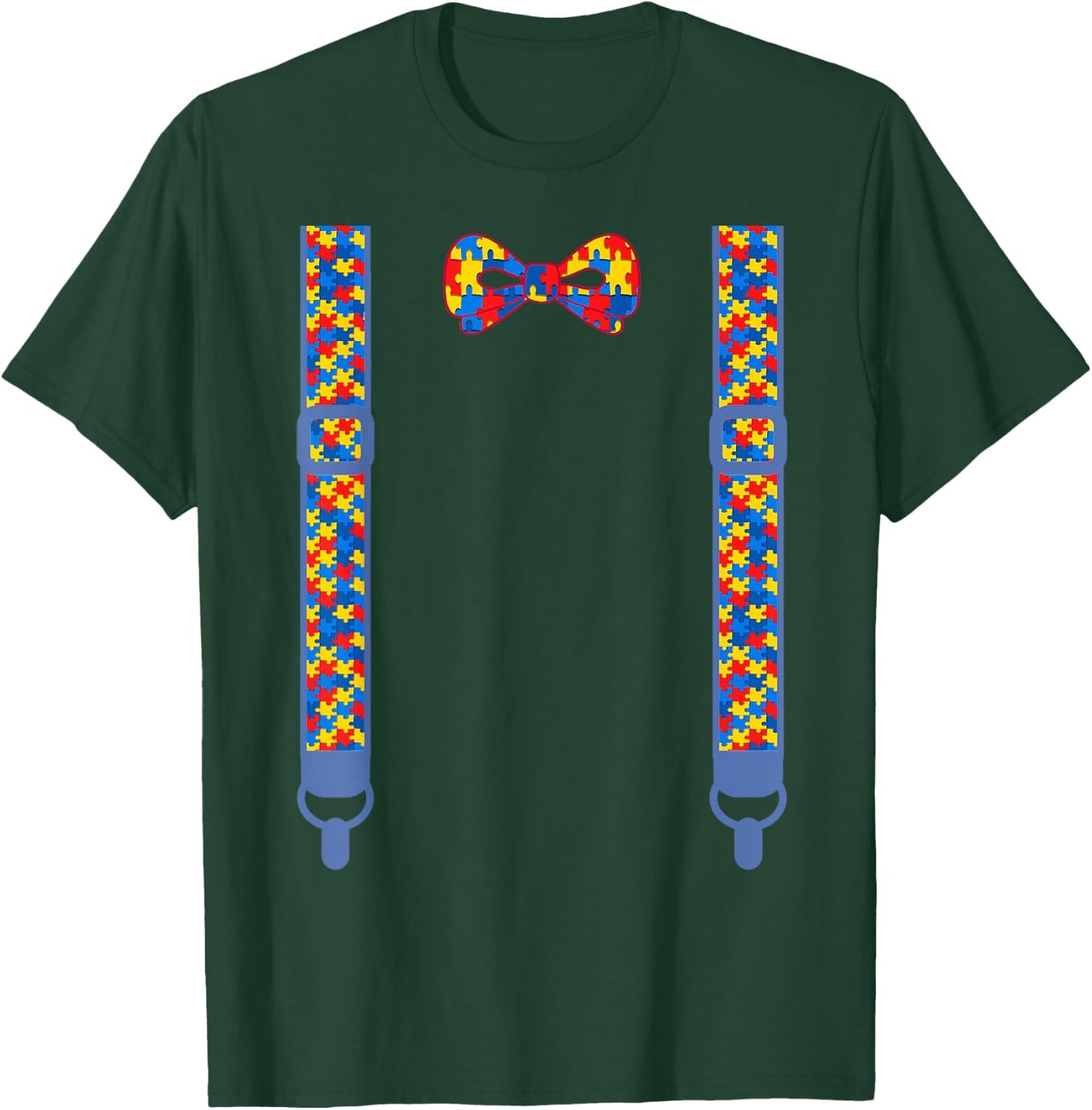 Autism awareness bow tie suspenders Puzzle pieces T-Shirt - T-Shirt | Forest