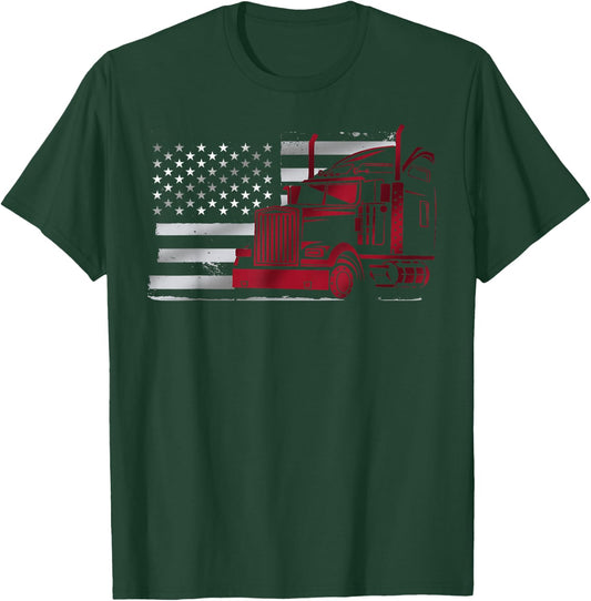 American Flag Semi Truck Driver 18 Wheeler Patriotic Trucker T-Shirt - T-Shirt | Forest