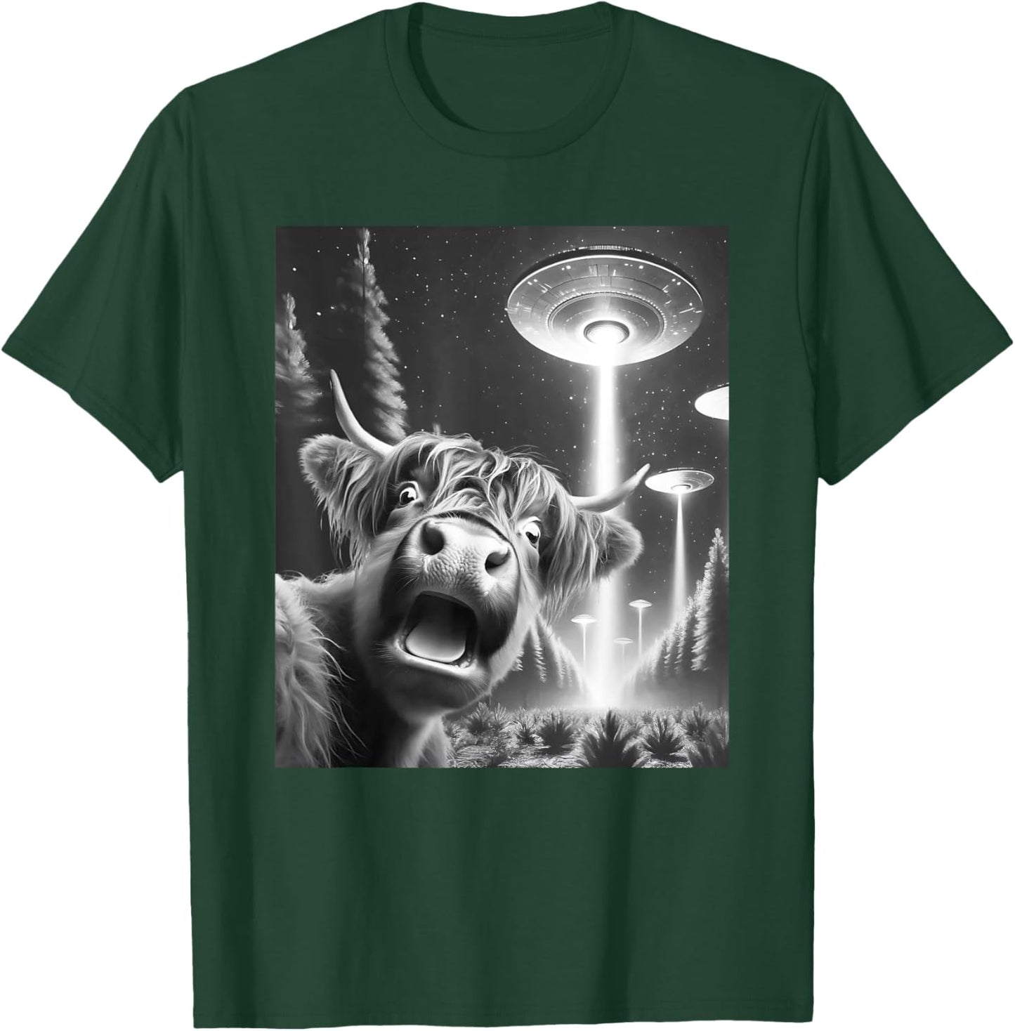 Funny Highland Cow Alien UFO Taking a Selfie Animal Lover T-Shirt - T-Shirt | Forest