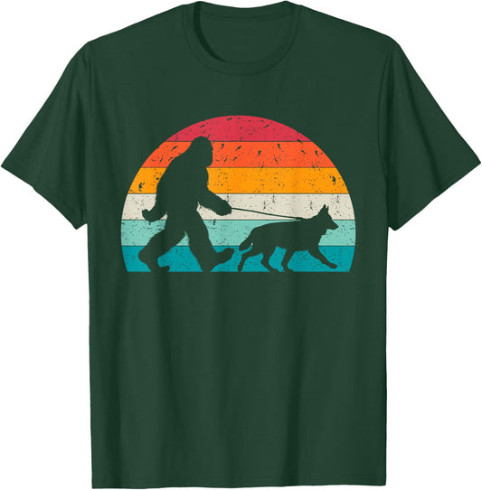 Bigfoot Walking a Dog Funny German Shepherd Lovers Dog Dad T-Shirt - T-Shirt | Forest