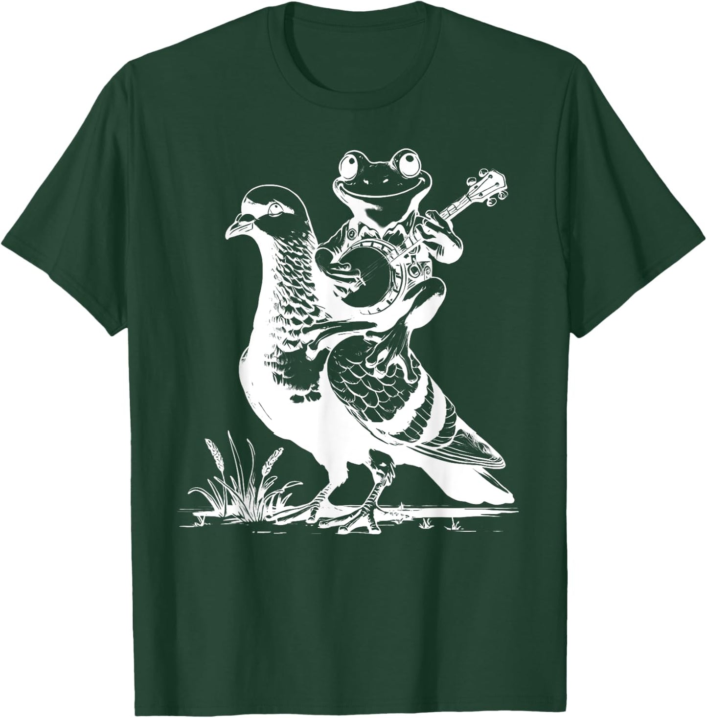 Retro Funny Frog Playing Banjo On Pigeon Animal Lover T-Shirt - T-Shirt | Forest