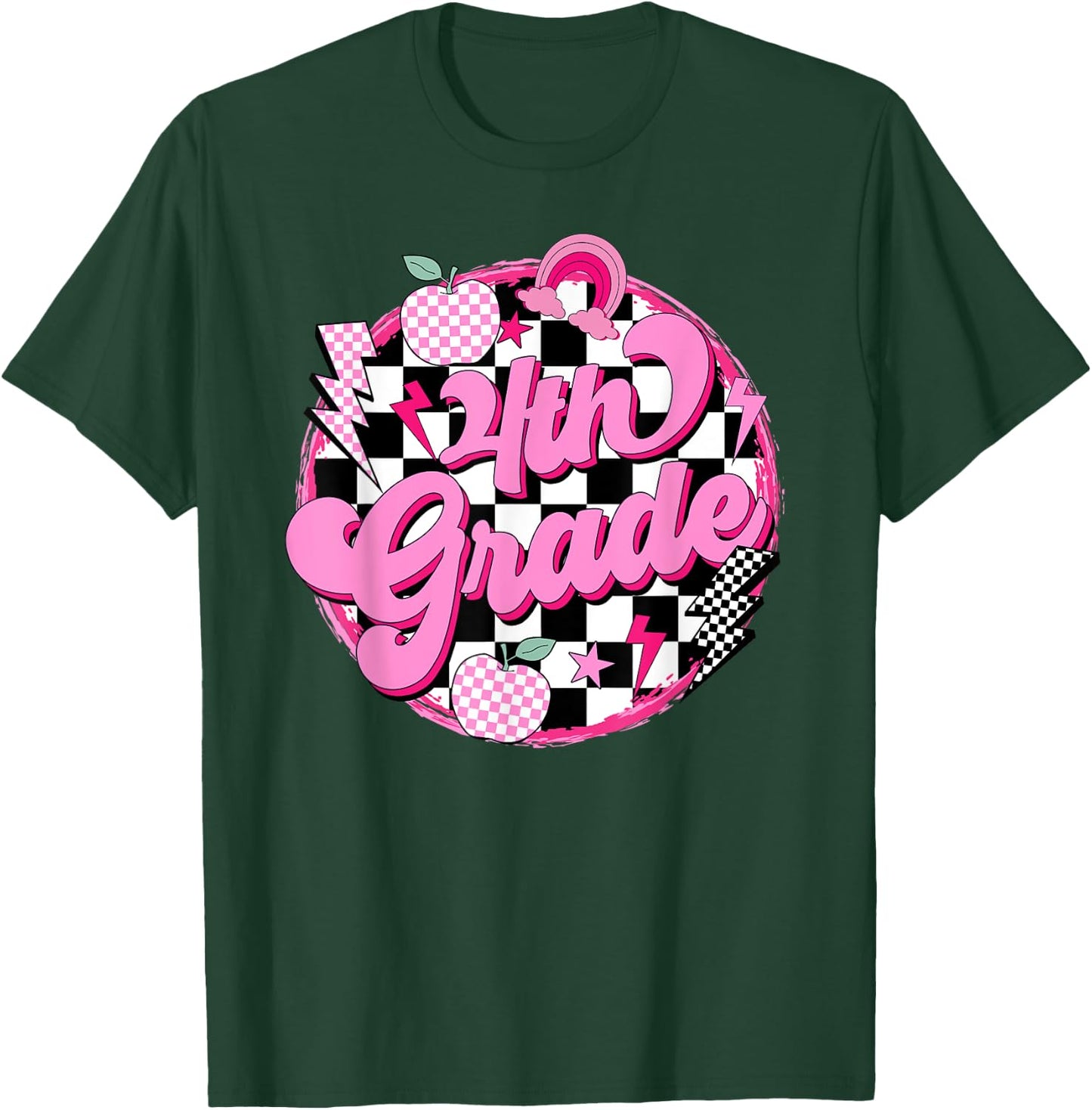 4th Grade Teacher Women Retro Checkered First Day of School T-Shirt - T-Shirt | Forest