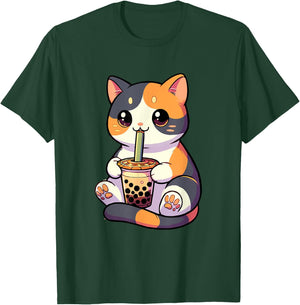 Cat Drinking Boba Feline Japanese Pet Kawaii Boba Calico Cat Women T-Shirt - T-Shirt | Forest