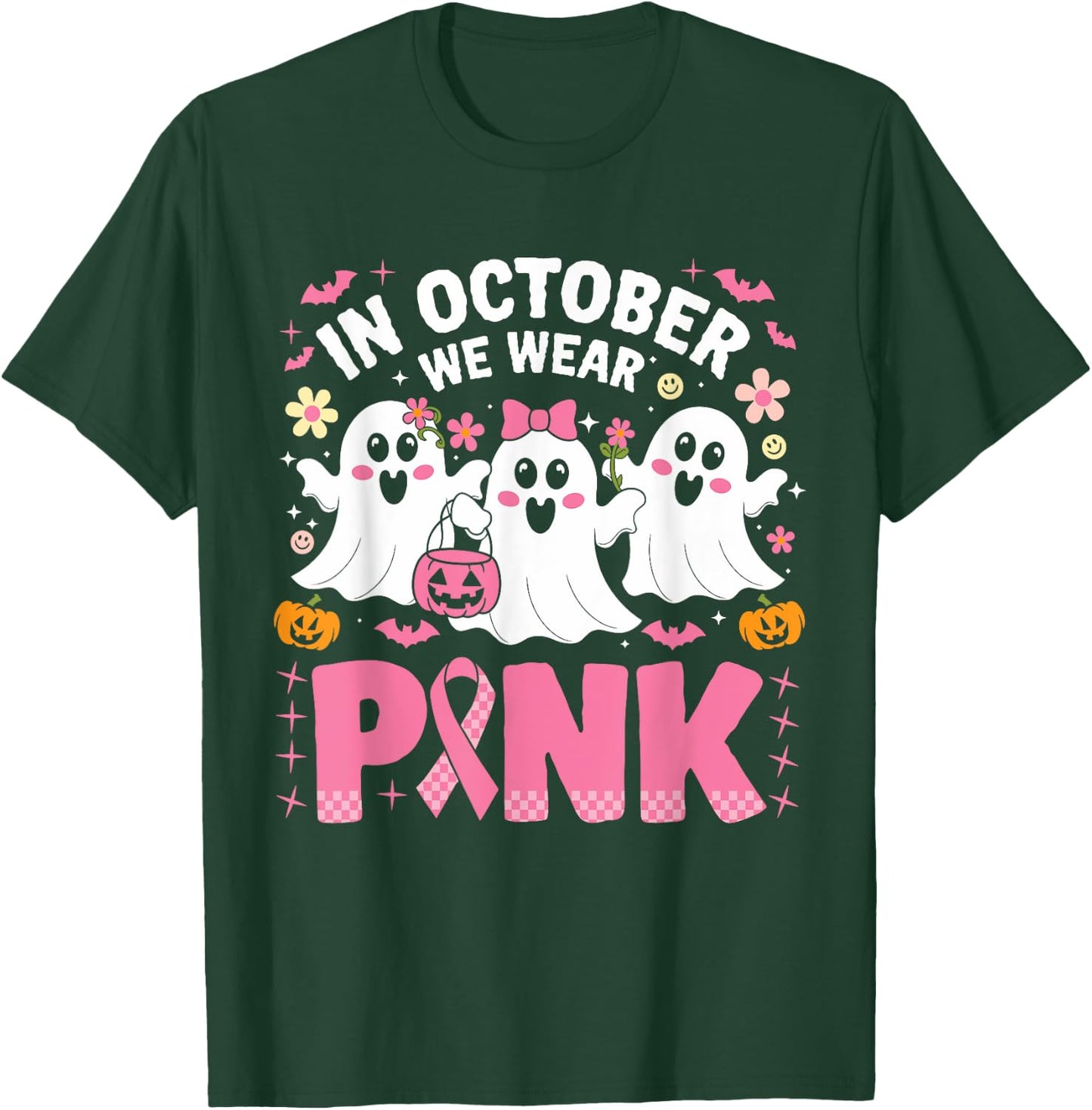 In October We Wear Pink Ghost Witch Breast Cancer Awareness T-Shirt - T-Shirt | Forest