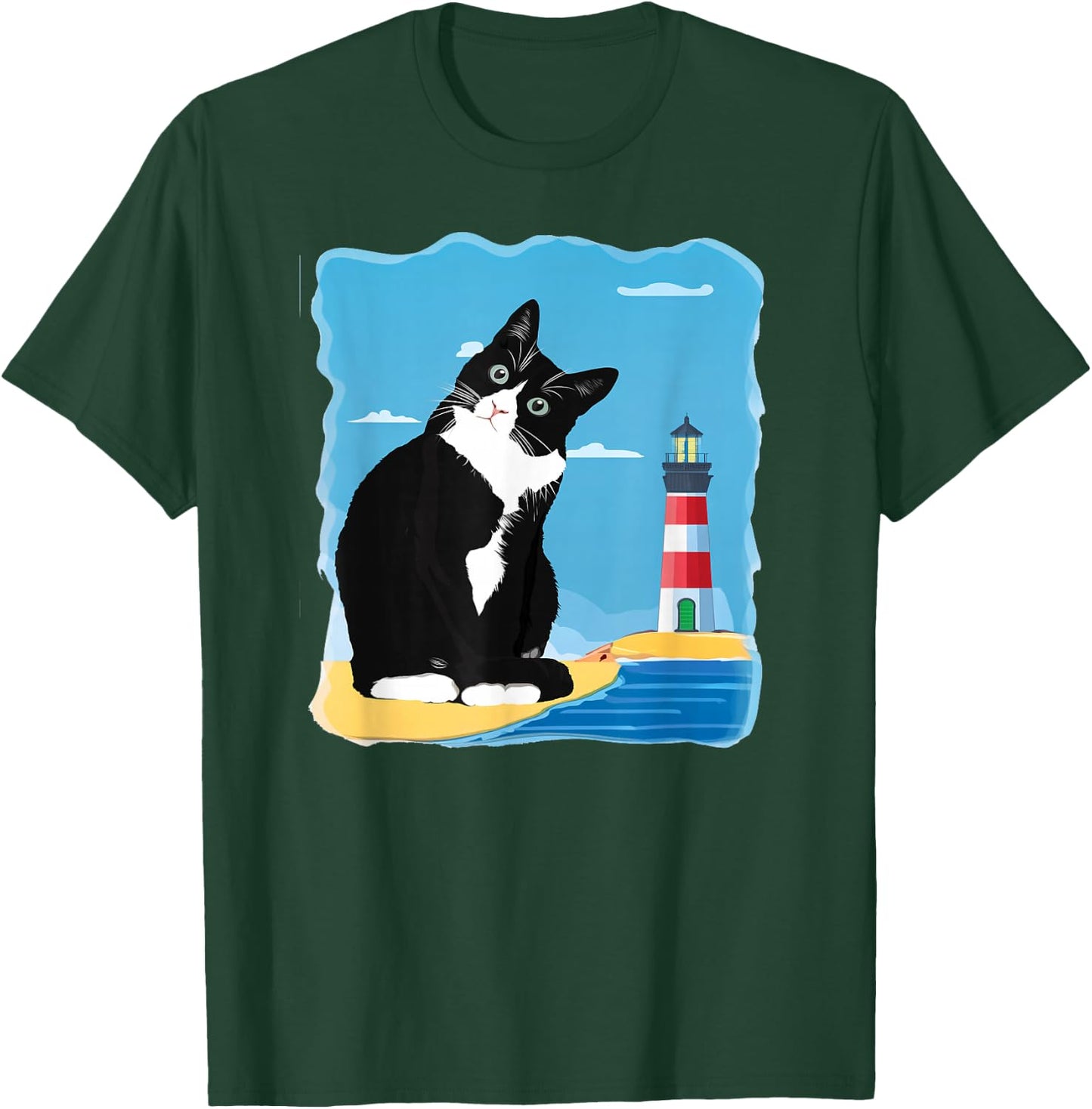 Tuxedo Cat Lighthouse Day Ocean Beach Summer Men Women Girls Kids T-Shirt - T-Shirt | Forest