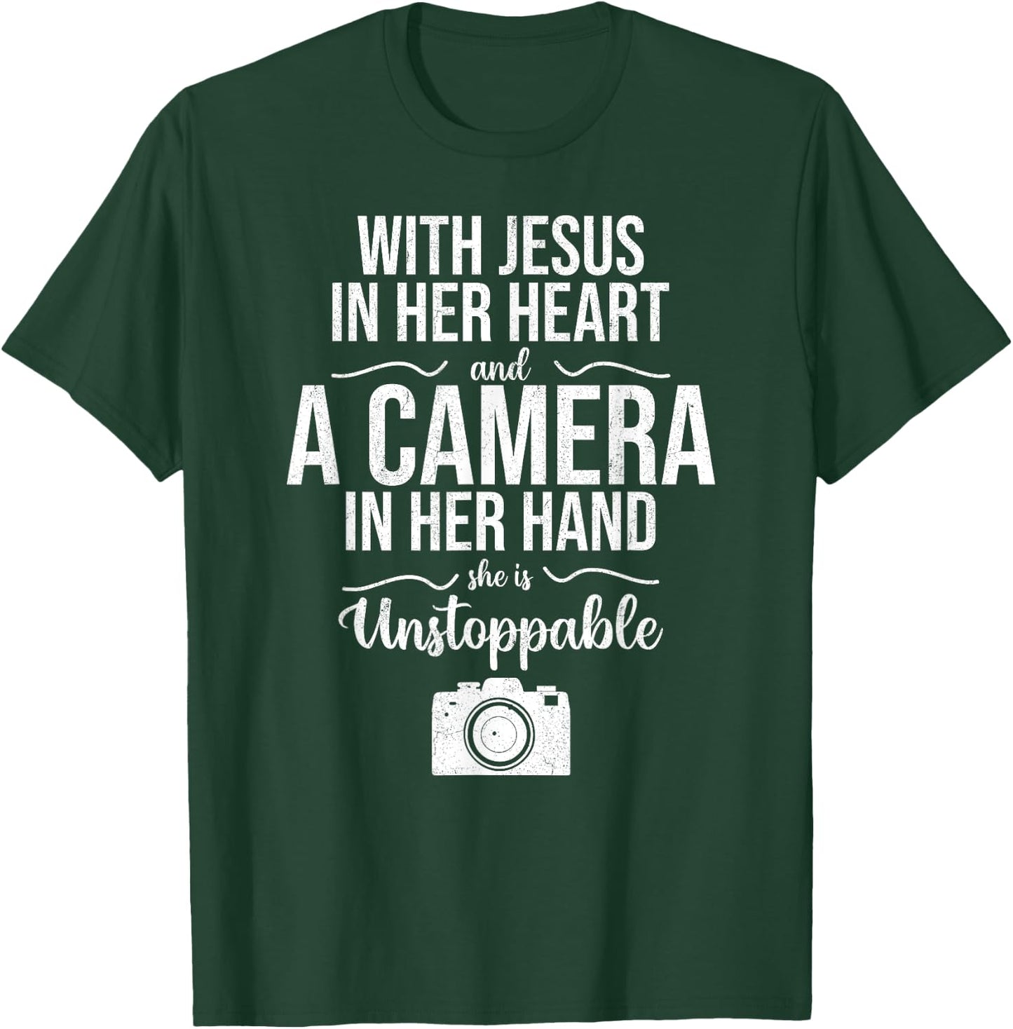 With Jesus In Her Heart & Camera Christian Cool Photography T-Shirt - T-Shirt | Forest