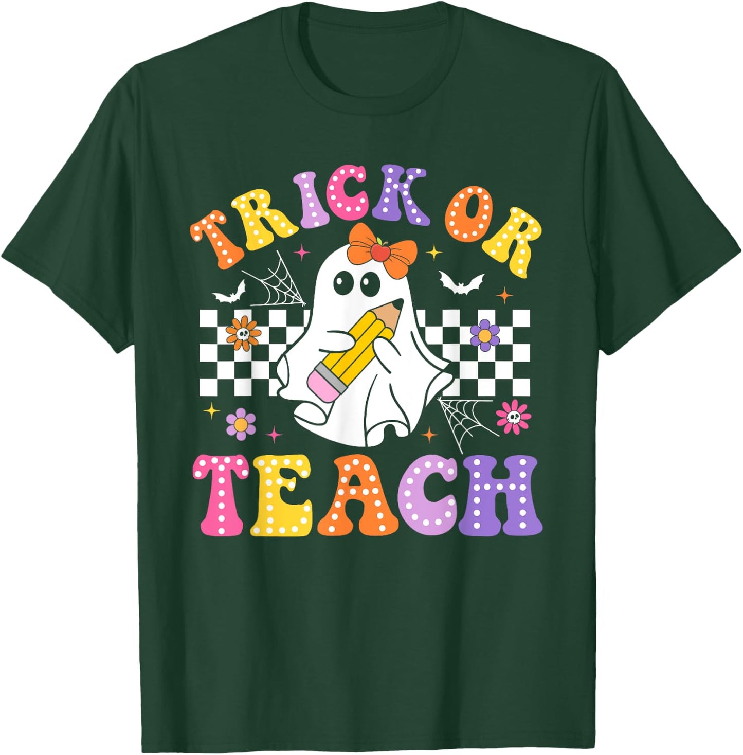 Trick Or Teach Groovy Halloween Teachers T-Shirt - T-Shirt | Forest