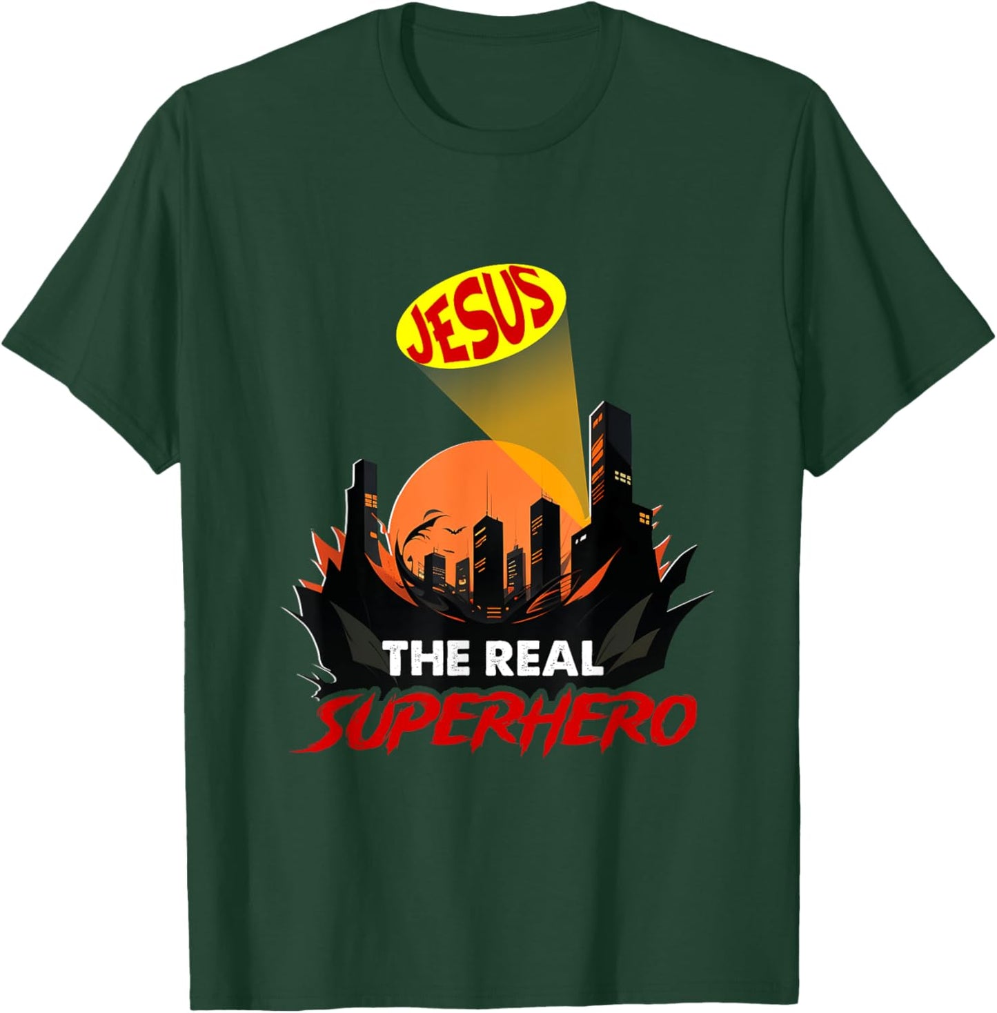 Jesus The Real Superhero Bat Signal Night Of City Christian T-Shirt - T-Shirt | Forest