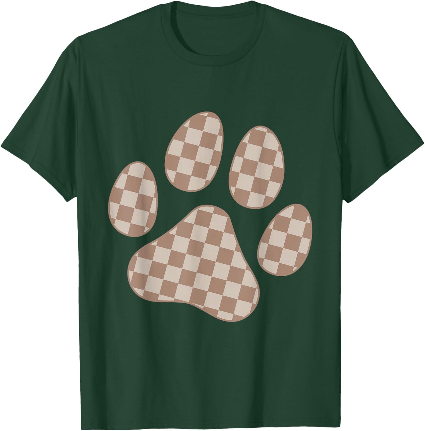 Brown Beige Checkered Cat Dog Paw Print Checkerboard Men Women Kids T-Shirt - T-Shirt | Forest