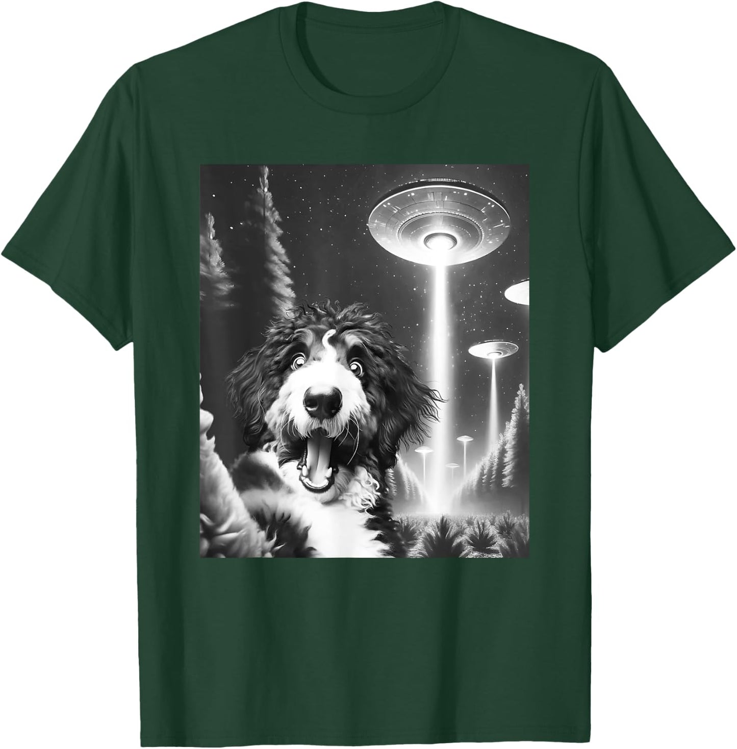 Funny Bernedoodle Alien UFO Taking a Selfie Dog Mom Dad Men Women Kids T-Shirt - T-Shirt | Forest
