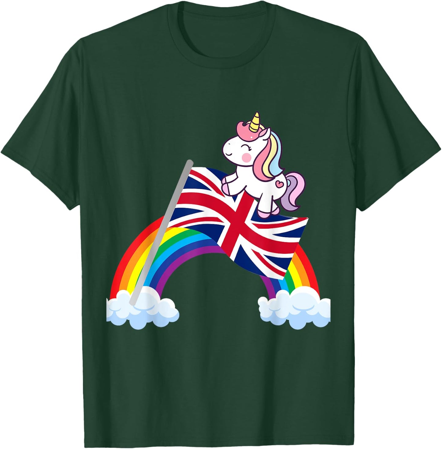 Unicorn Riding British UK Flag Boys Girls Women Kids Rainbow T-Shirt - T-Shirt | Forest