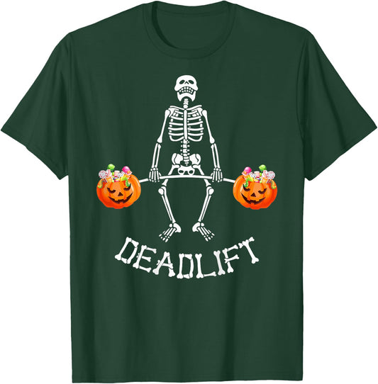 Skeleton Dead Lift Candy Buckets Halloween Workout On Back T-Shirt - T-Shirt | Forest