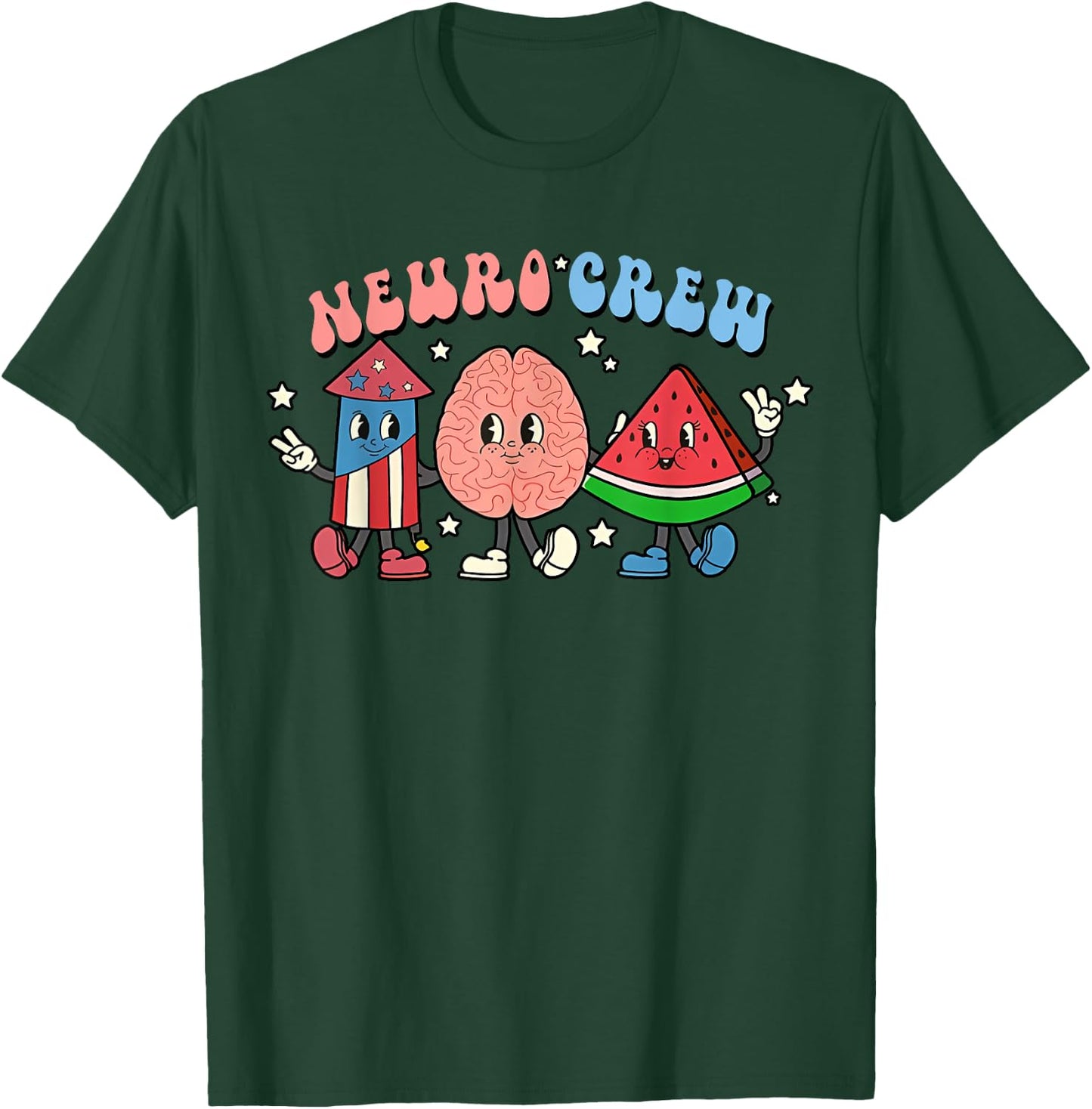 Retro Neuro Crew 4th of July Nurse Brain Neurology Nursing T-Shirt - T-Shirt | Forest