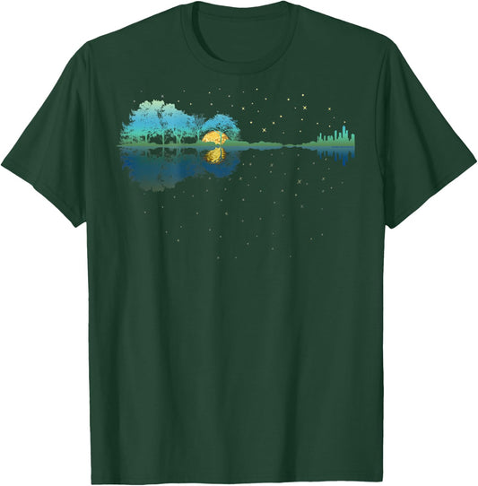 On Back | Guitar Lake Reflections Night Sky and Moon Guitar T-Shirt - T-Shirt | Forest