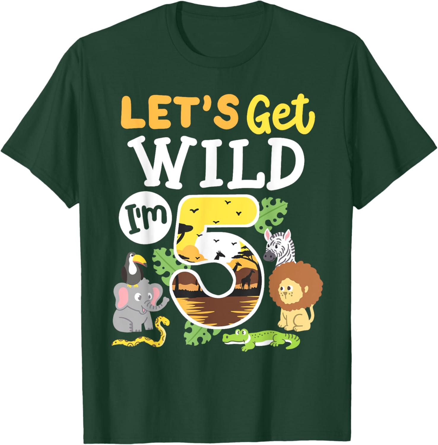 Jungle Safari Let's Get Wild 5th Birthday Zoo 5 Year Old Kid T-Shirt - T-Shirt | Forest
