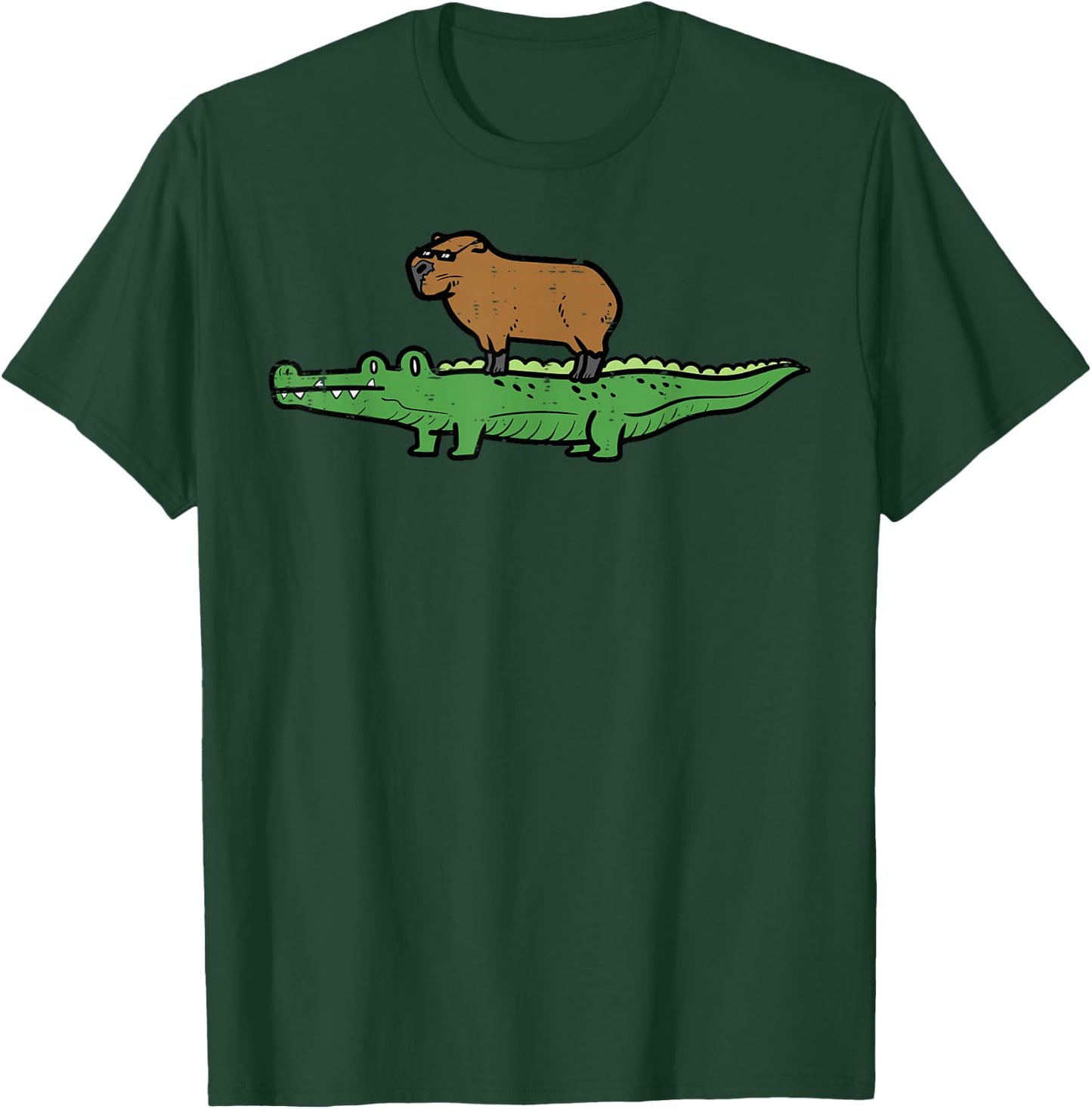 Capybara On Crocodile Capy Alligator Rodent Men Women Kids T-Shirt - T-Shirt | Forest
