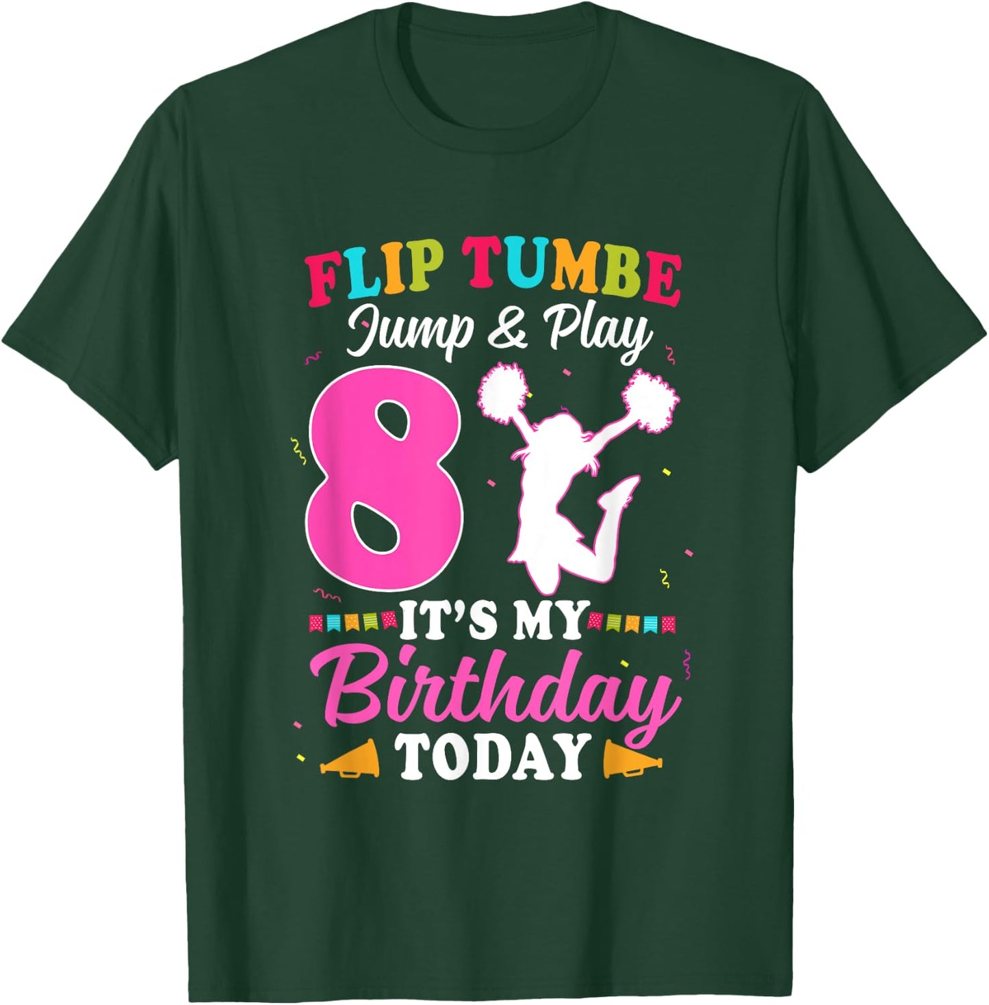 8th Birthday Cheerleading Girl 8 Year Old Cheerleader T-Shirt - T-Shirt | Forest