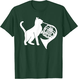 Cool Cat Playing French Horn Musician Orchestra Music T-Shirt - T-Shirt | Forest