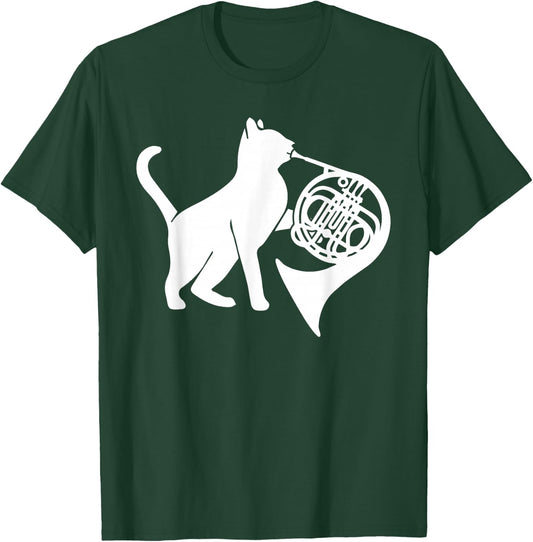 Cool Cat Playing French Horn Musician Orchestra Music T-Shirt - T-Shirt | Forest