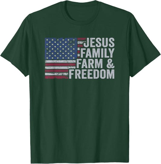 Jesus Family Farm & Freedom Patriotic Christian Farmer USA T-Shirt - T-Shirt | Forest