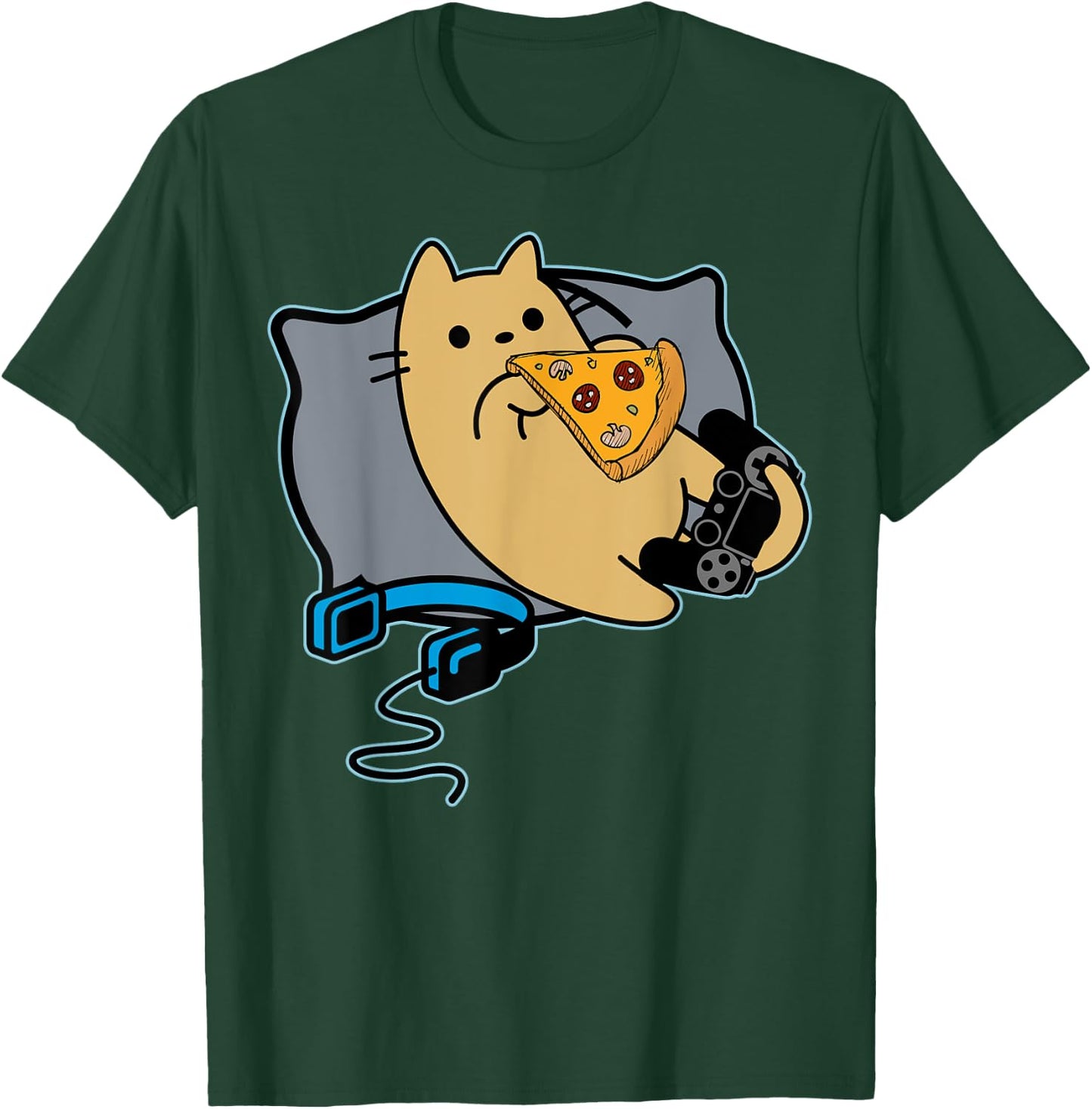 Nerdy Pizza Eating Gamer Cat Game Paused T-Shirt - T-Shirt | Forest