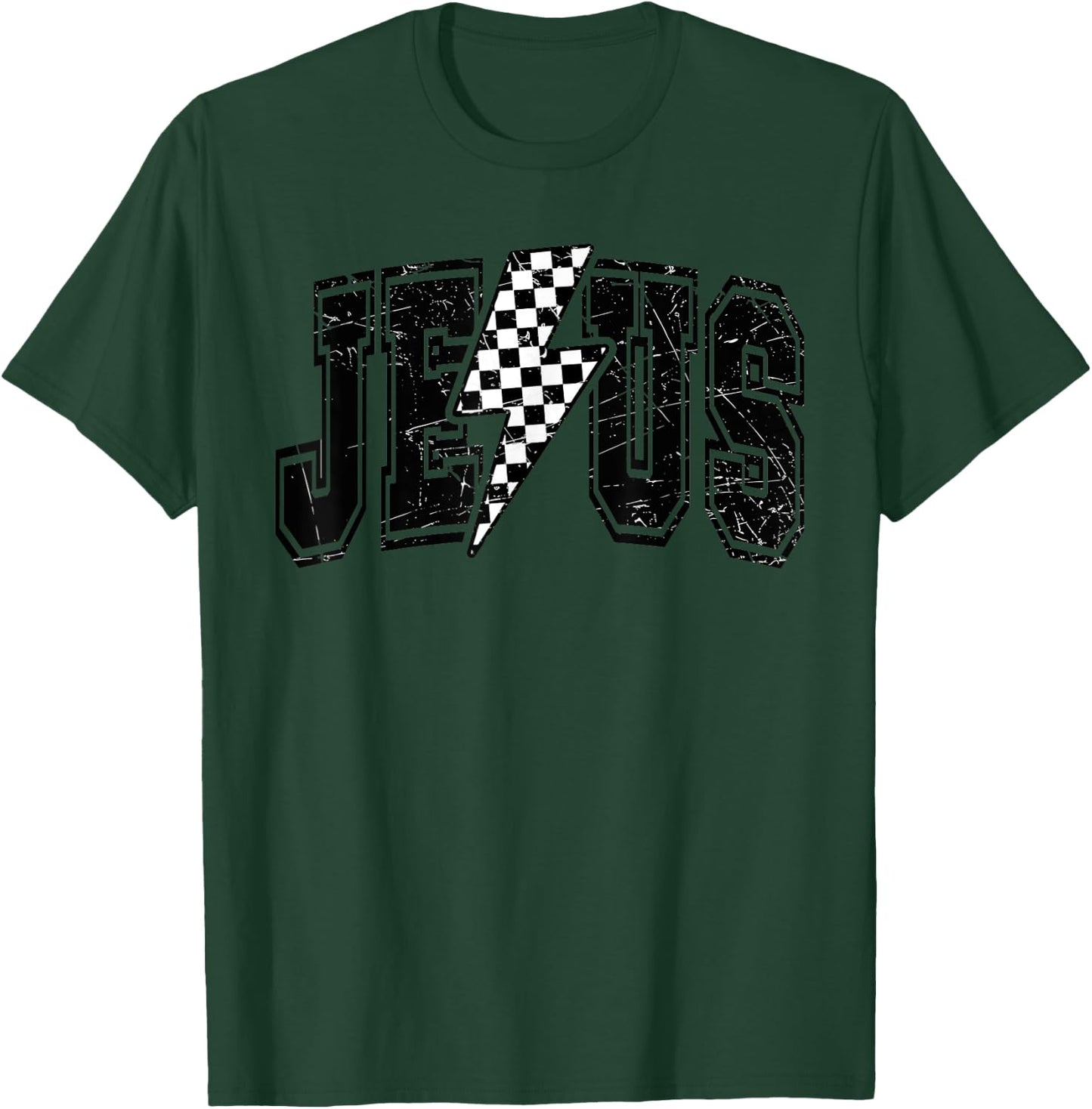 Funny Retro Groovy Checkered Jesus Lightning Bolt Apparel T-Shirt - T-Shirt | Forest