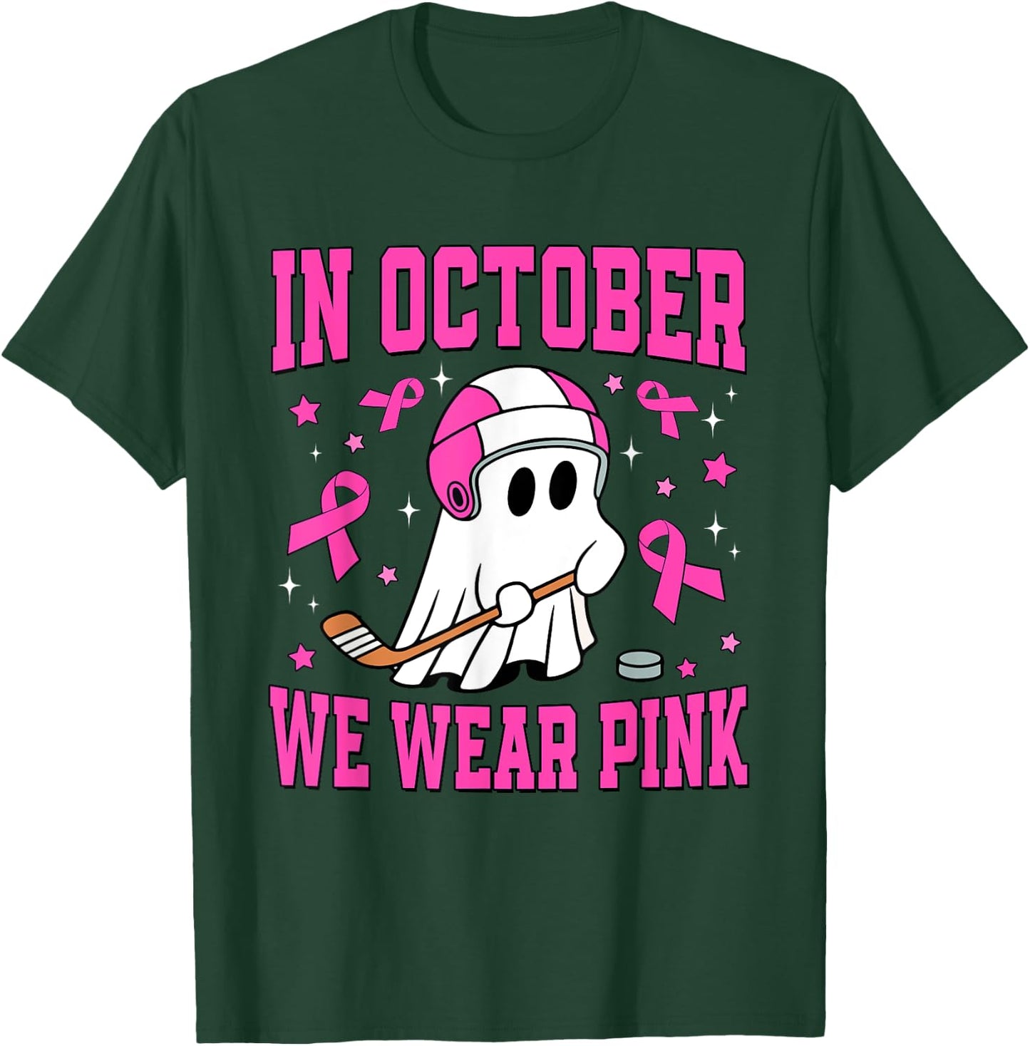 In October We Wear Pink Ghost Hockey Breast Cancer T-Shirt - T-Shirt | Forest