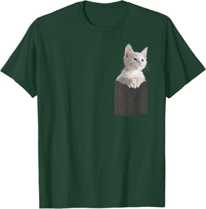 White Kitten Cat in Pocket with Blue Eyes Cute Cat T-Shirt - T-Shirt | Forest
