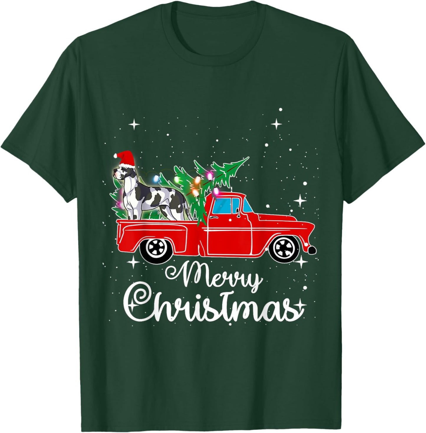 Great Dane Dog Red Truck Christmas Tree Lights Merry Xmas Women Kids T-Shirt - T-Shirt | Forest
