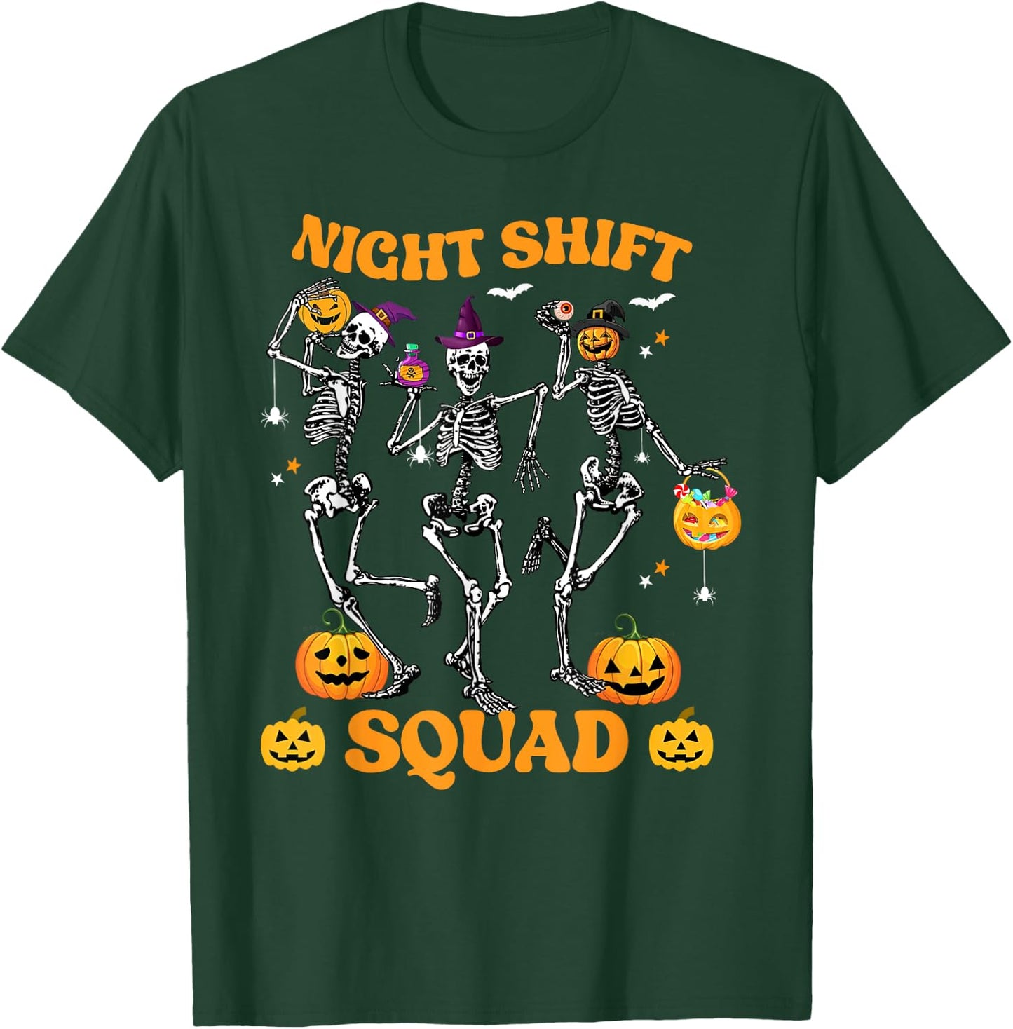 Dancing Skeleton Nurse Night Shift Squad Pumpkin Halloween T-Shirt - T-Shirt | Forest