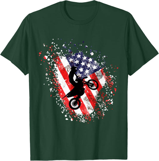 Dirt Bike American Flag Motocross Biker Men Boys Vintage USA T-Shirt - T-Shirt | Forest