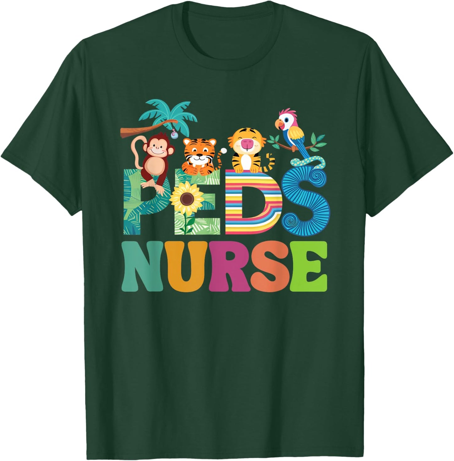 Colorful Peds Nurse Cute Animals PEDS Oncology Nurse T-Shirt - T-Shirt | Forest