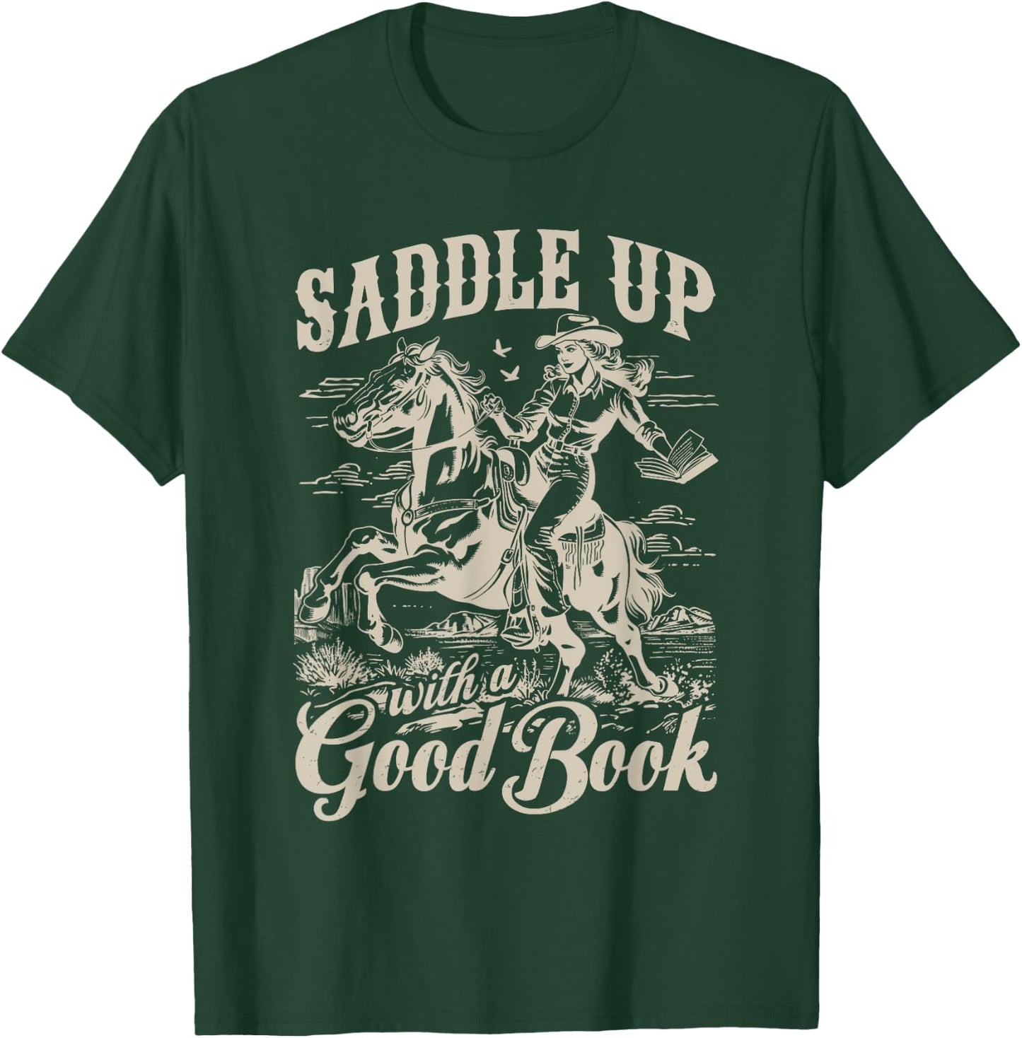 Bookish Retro Western Cowgirl Texas Book Lover Novel Reader T-Shirt - T-Shirt | Forest