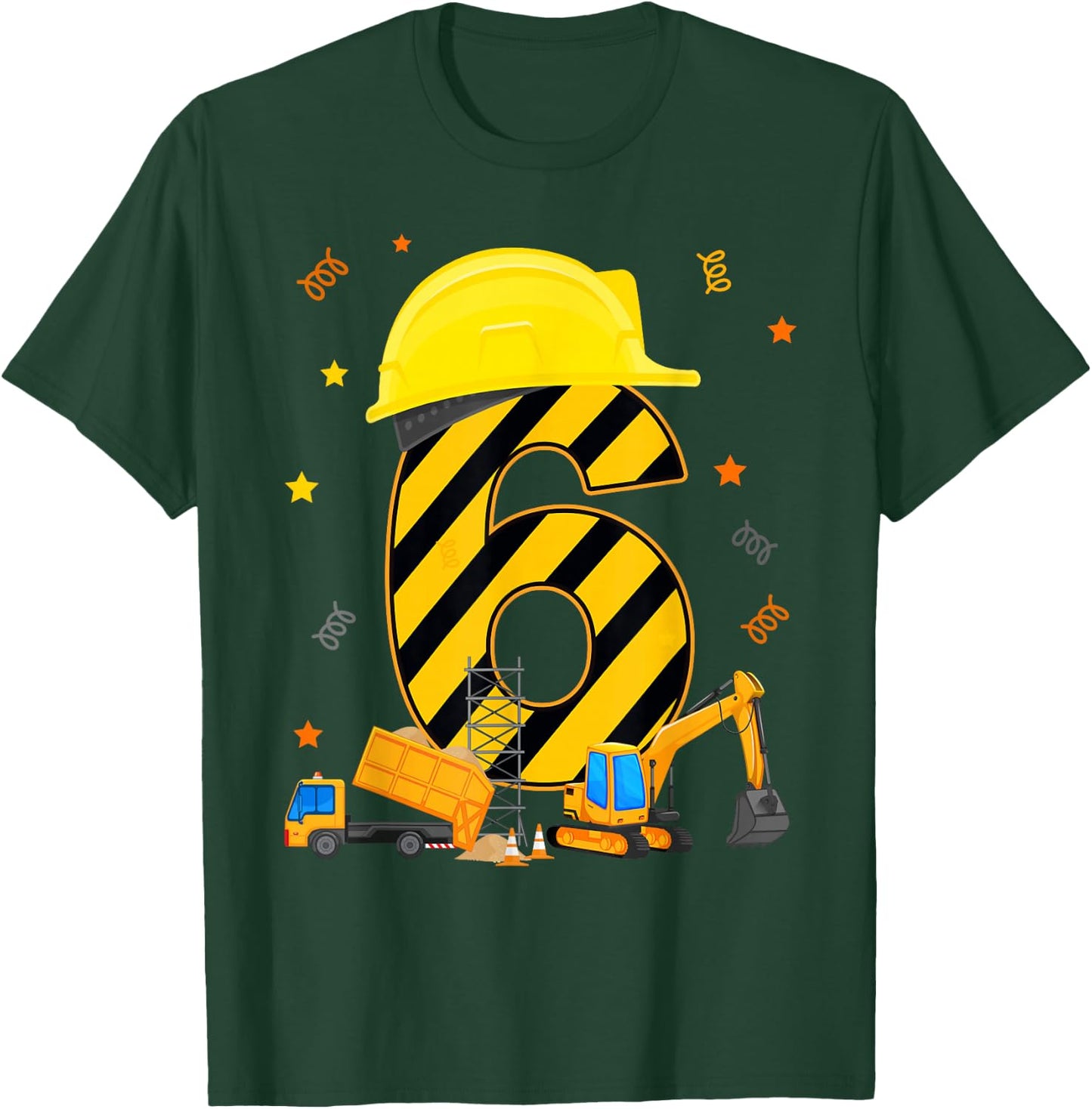 Six 6 Year Old 6th Birthday Construction Vehicles 6yr T-Shirt - T-Shirt | Forest