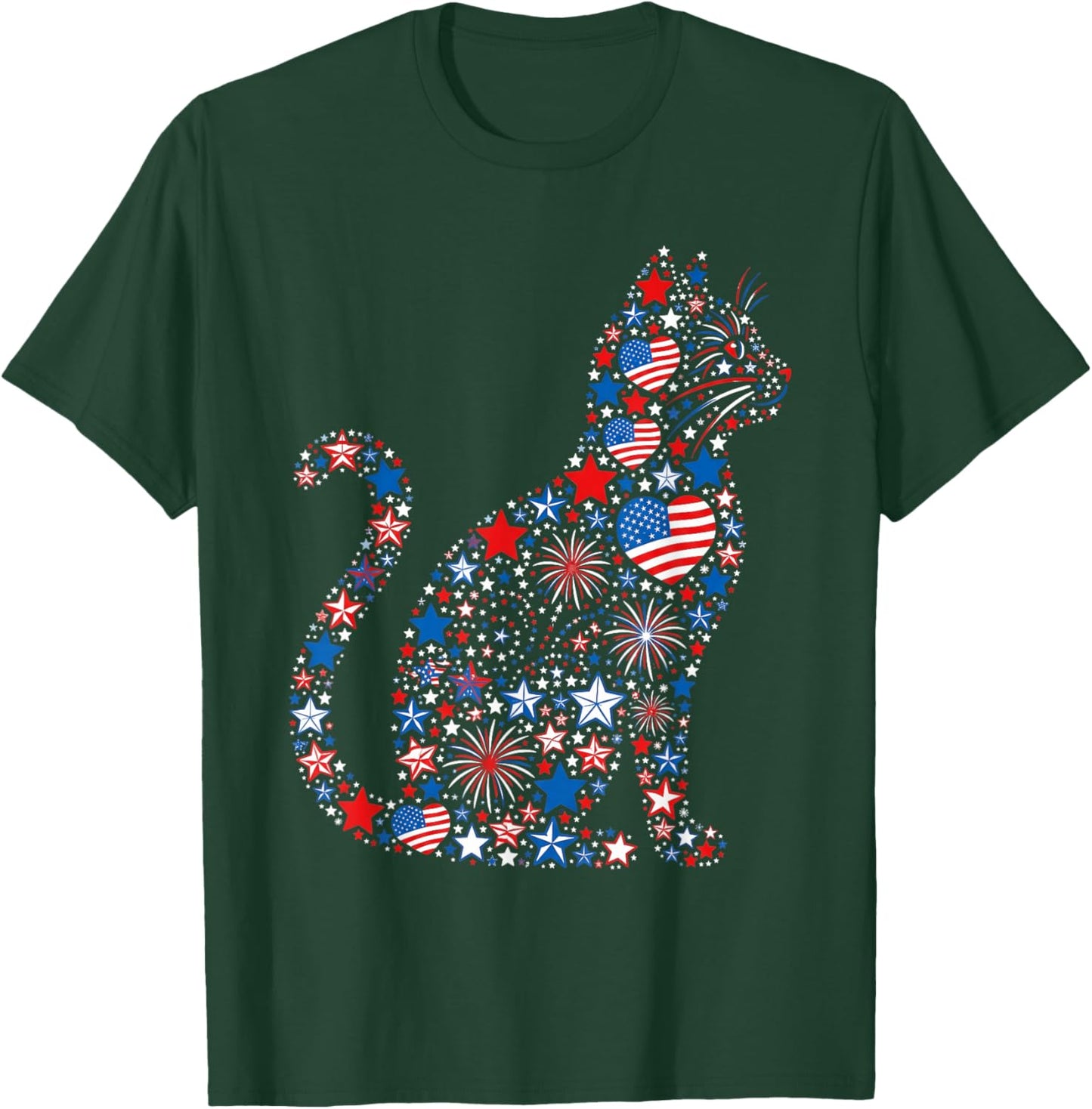 Cat American USA Flag Fireworks Patriotic Fourth of July T-Shirt - T-Shirt | Forest