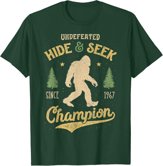 Bigfoot Hide And Seek Champion Funny Sasquatch Retro Vintage T-Shirt - T-Shirt | Forest