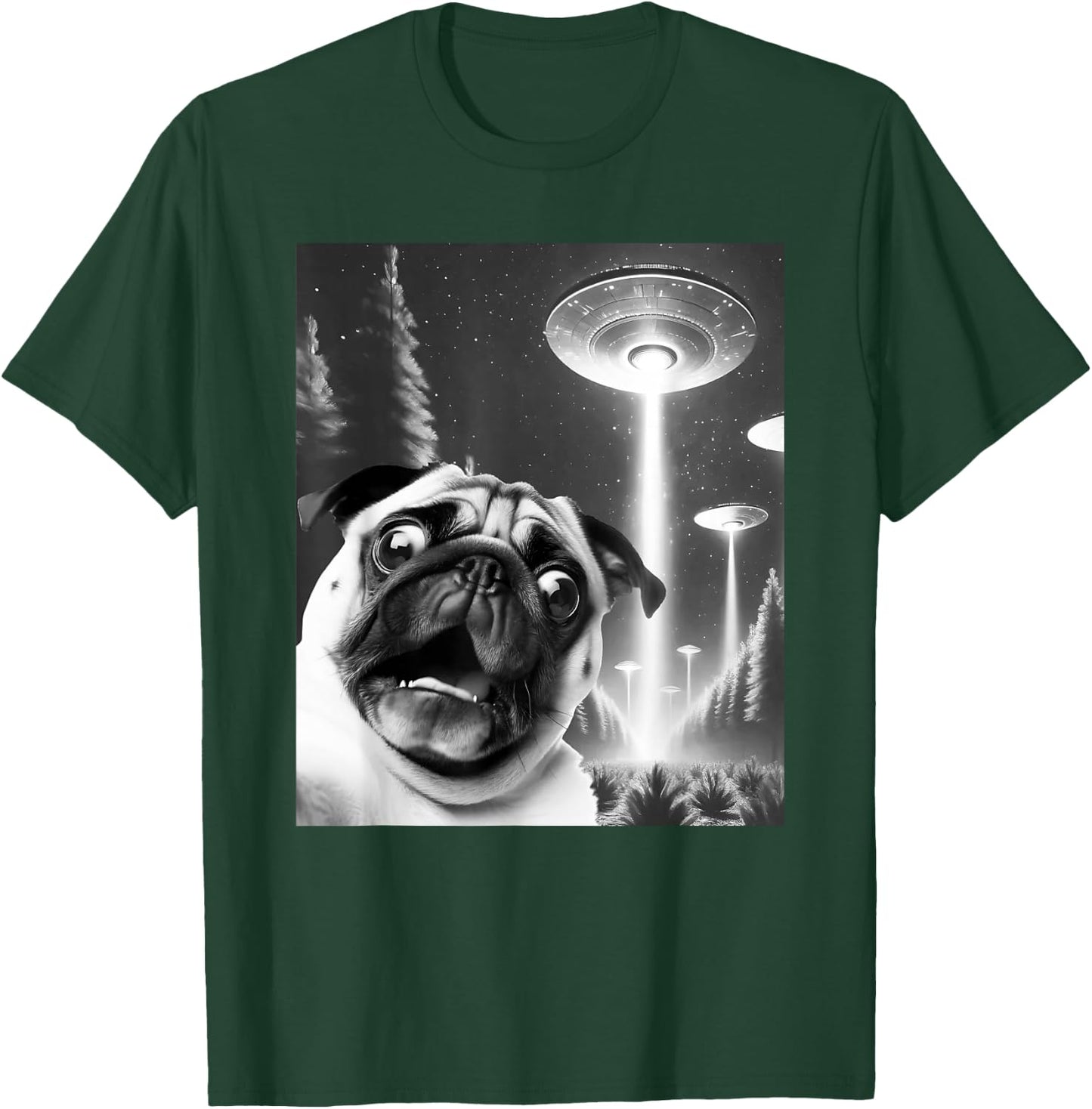 Funny Pug Alien UFO Taking a Selfie Dog Mom Dad T-Shirt - T-Shirt | Forest