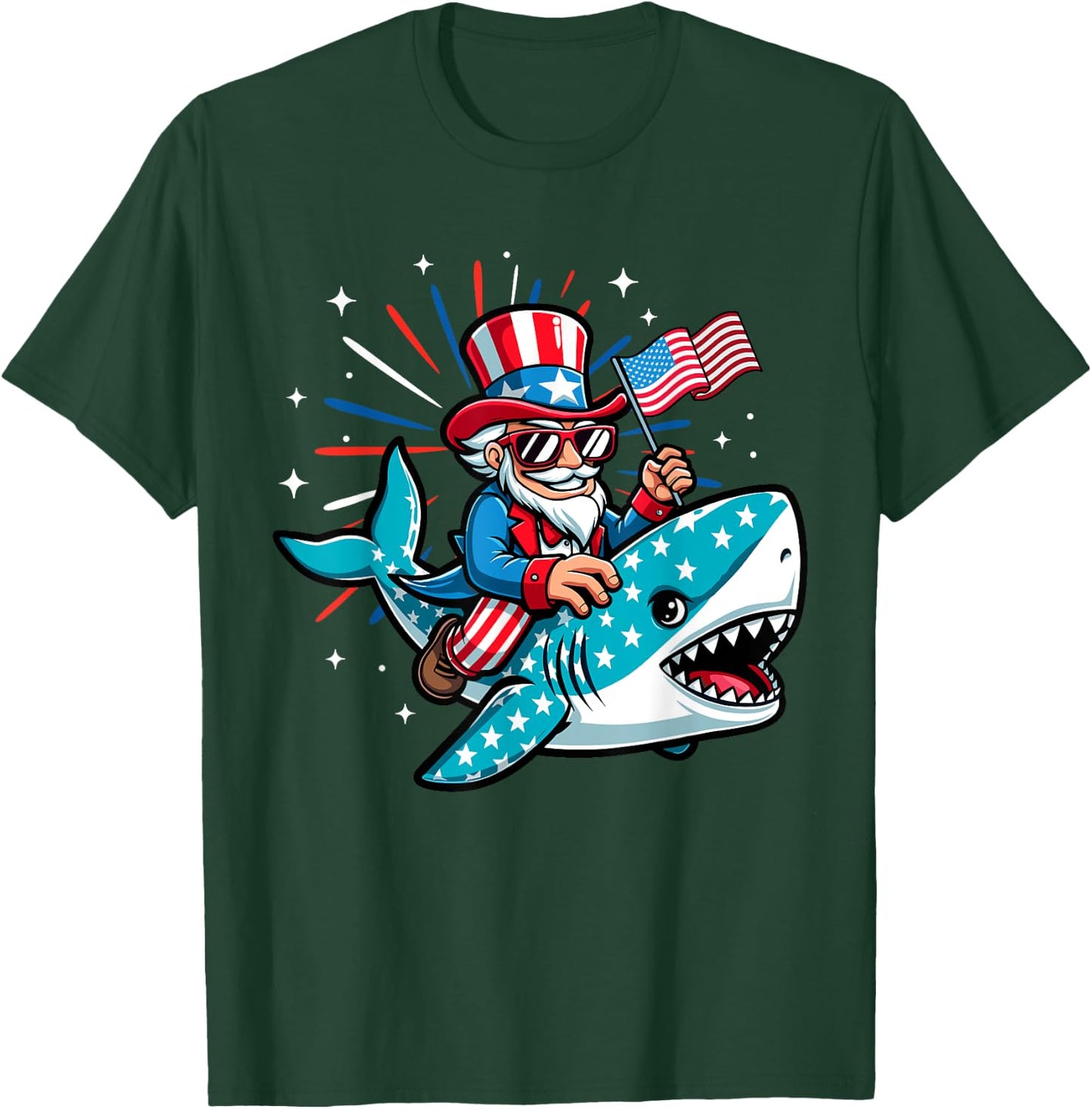 Funny Uncle Sam Riding Shark 4th of July Boys American Flag T-Shirt - T-Shirt | Forest