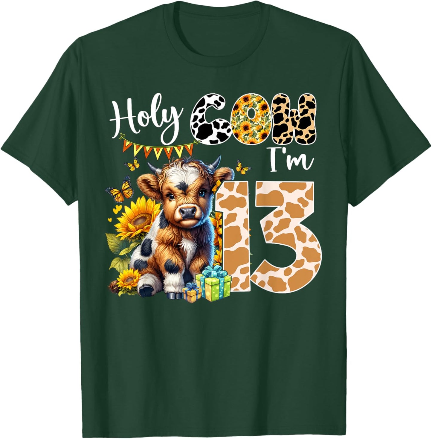 Holy Cow I’m 13 Years Old Dairy Cow Sunflowers 13th Birthday T-Shirt - T-Shirt | Forest