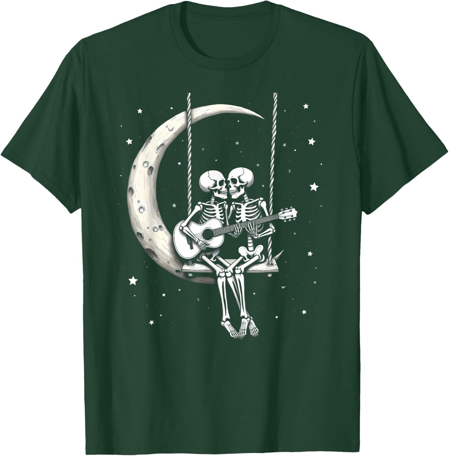 Skeleton Couple Playing Guitar on Moon Swing Halloween Band T-Shirt - T-Shirt | Forest