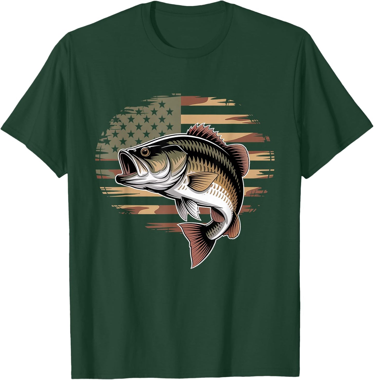 Bass Fish Fishing Camo USA American Flag Largemouth T-Shirt - T-Shirt | Forest