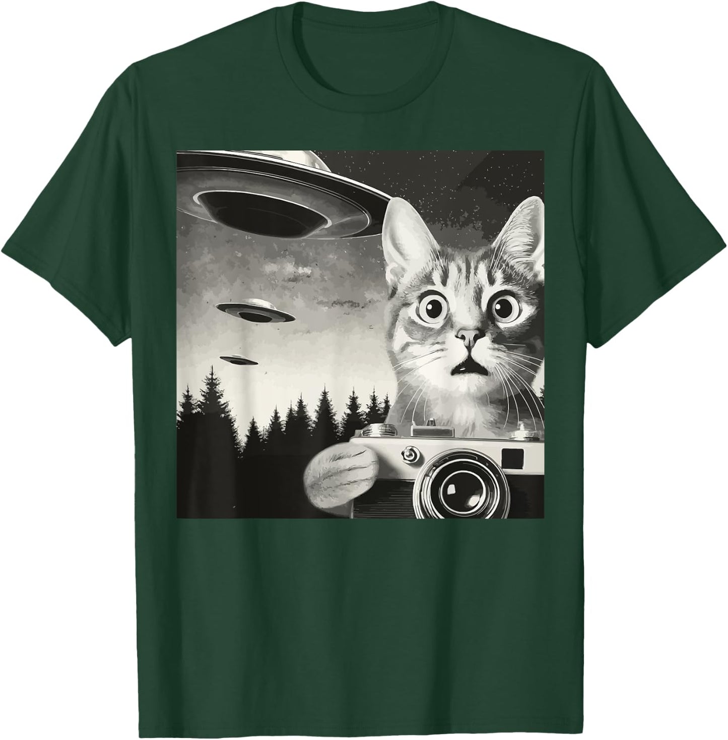 Alien Cat UFO Camera Graphic Alien Feline Photography Men Women T-Shirt - T-Shirt | Forest