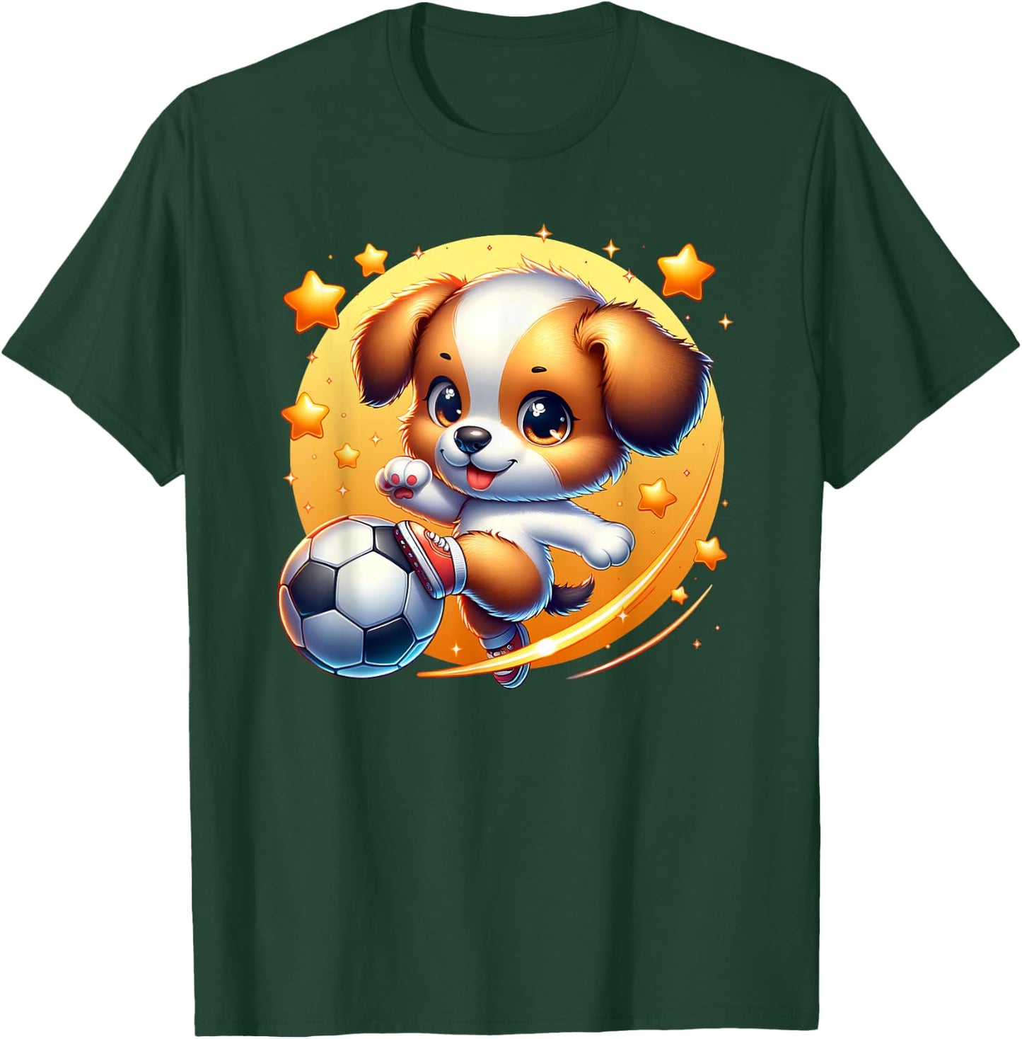 Puppy Dog Playing Soccer Kicking Ball Boy Girl Cute Graphic T-Shirt - T-Shirt | Forest