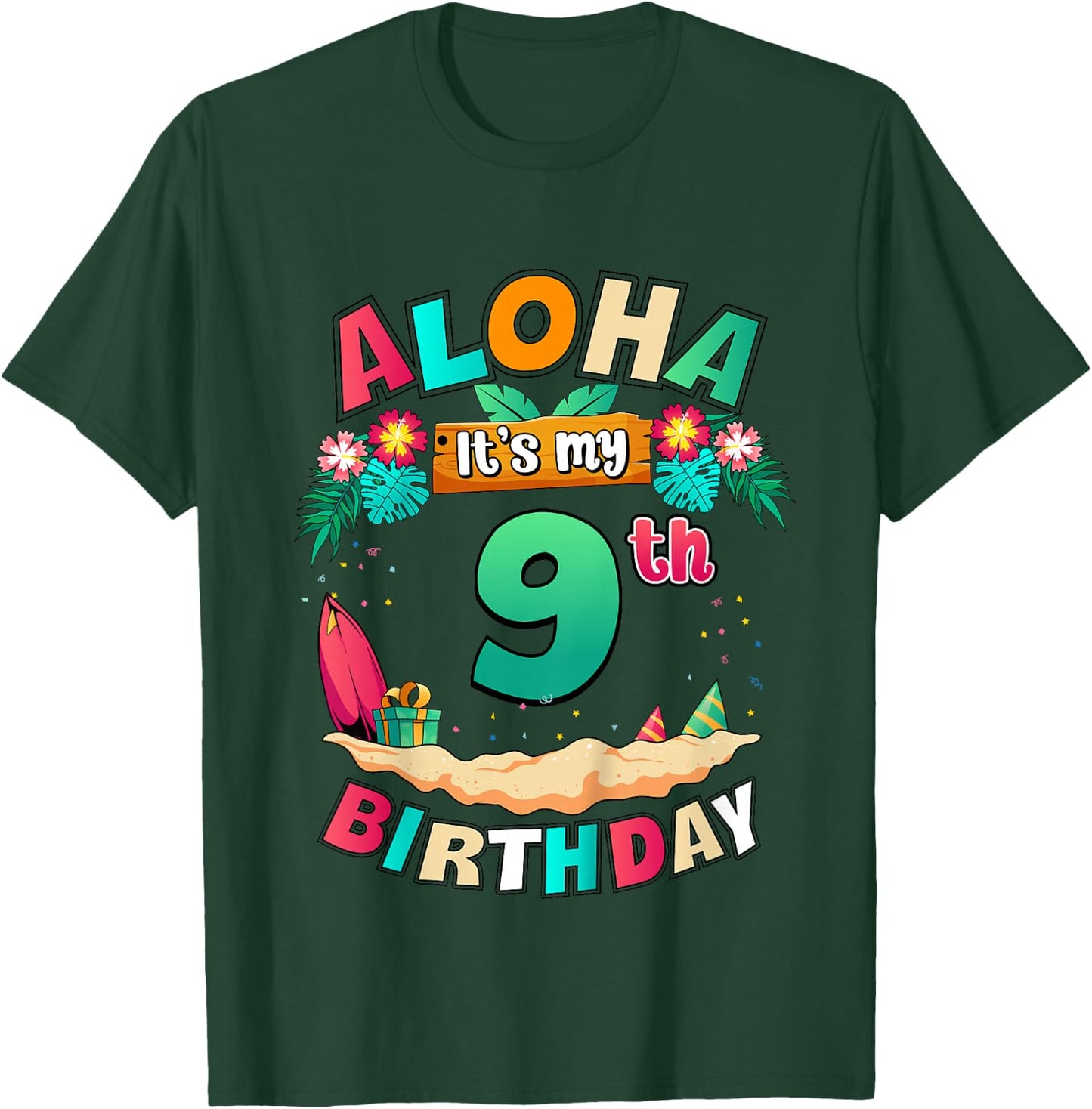 Aloha It's My 9th Birthday Hawaii Tropical Beach Bday T-Shirt - T-Shirt | Forest