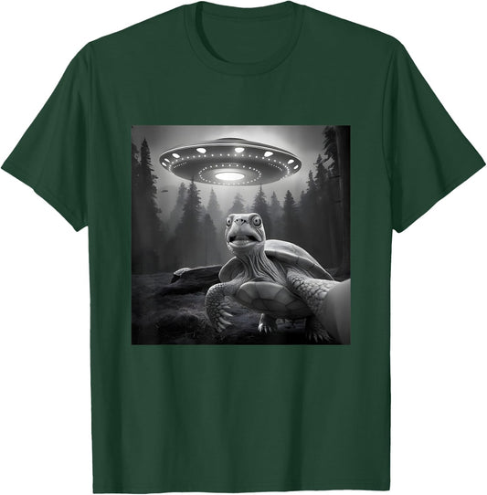 Turtle Selfie With UFO - Funny Tortoise Graphic Alien Lover T-Shirt - T-Shirt | Forest