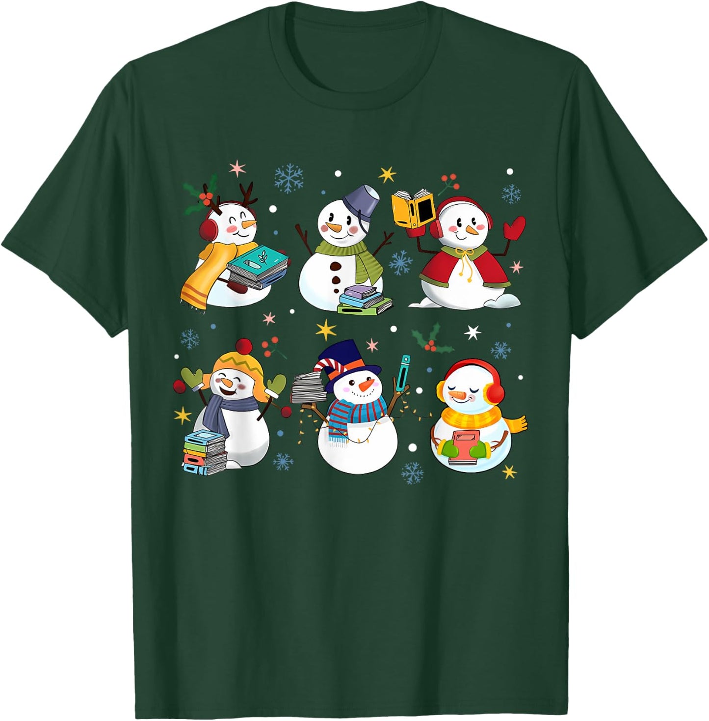 Snowman Reading Books Teacher Christmas Librarian Bookworm T-Shirt - T-Shirt | Forest