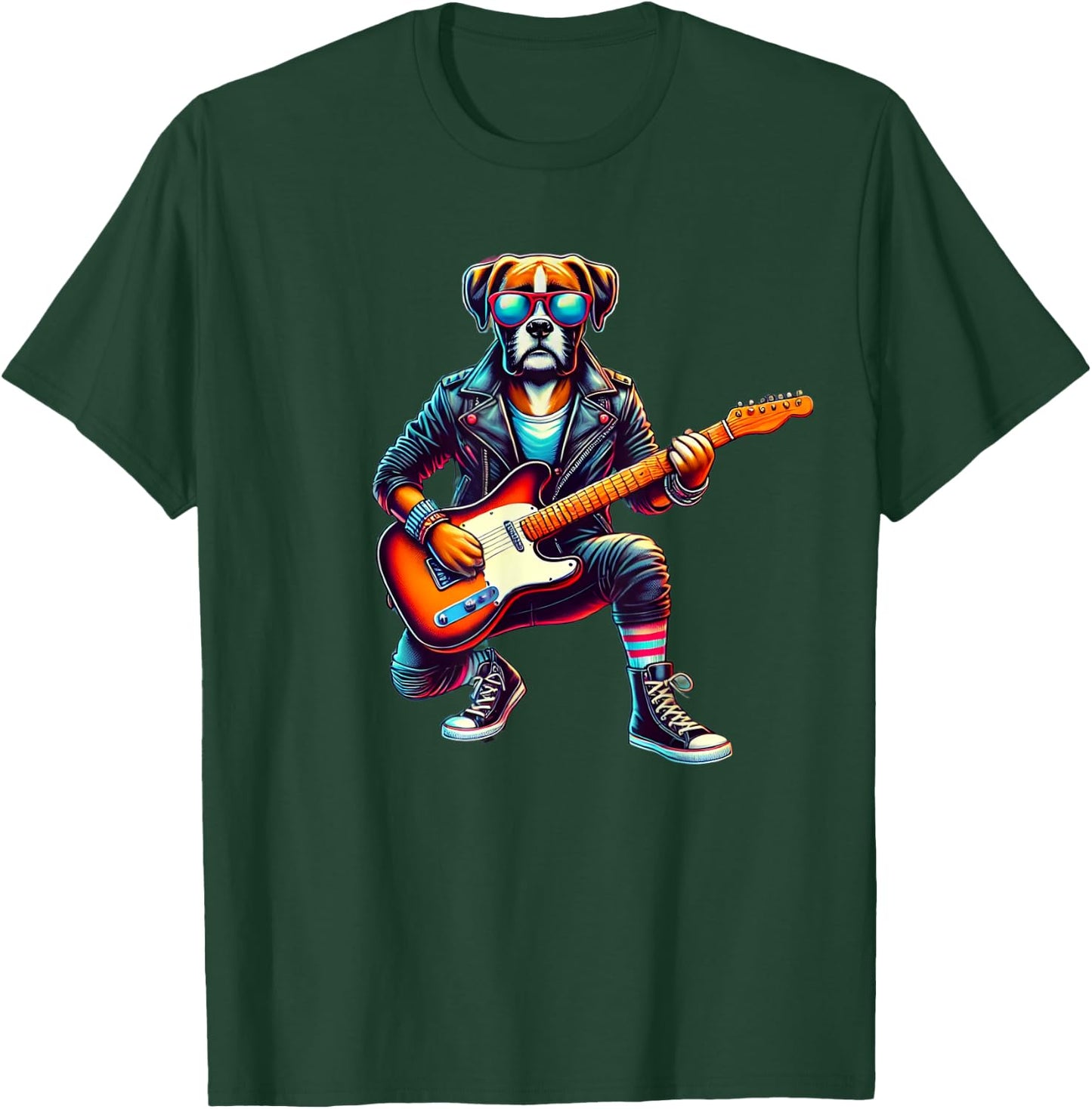 Boxer Electric Guitar Funny Dog Rock Band Musician Music Pet Women Kids T-Shirt - T-Shirt | Forest