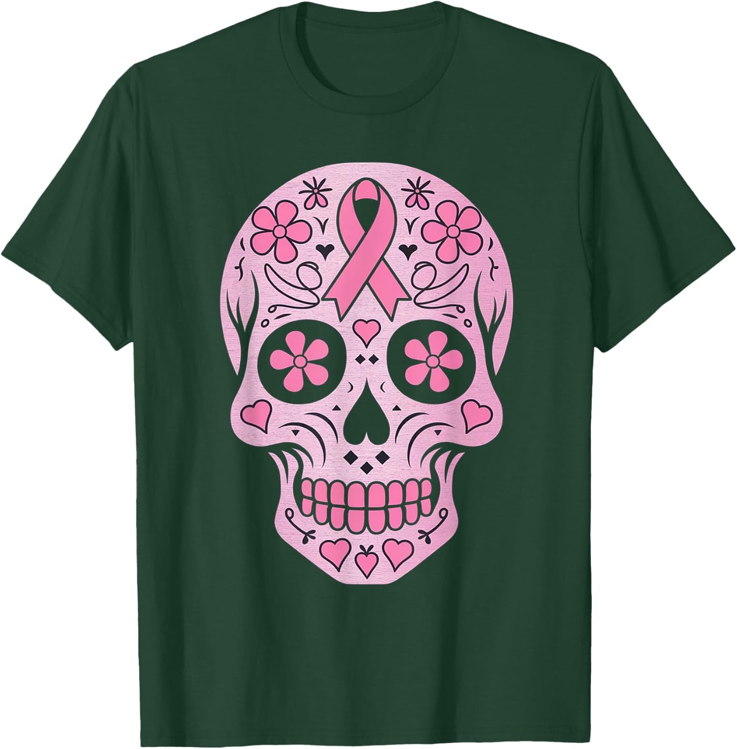 Sugar Skull Pink Ribbon Calavera Breast Cancer Awareness T-Shirt - T-Shirt | Forest
