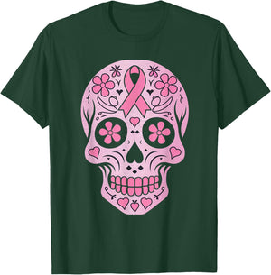Sugar Skull Pink Ribbon Calavera Breast Cancer Awareness T-Shirt - T-Shirt | Forest